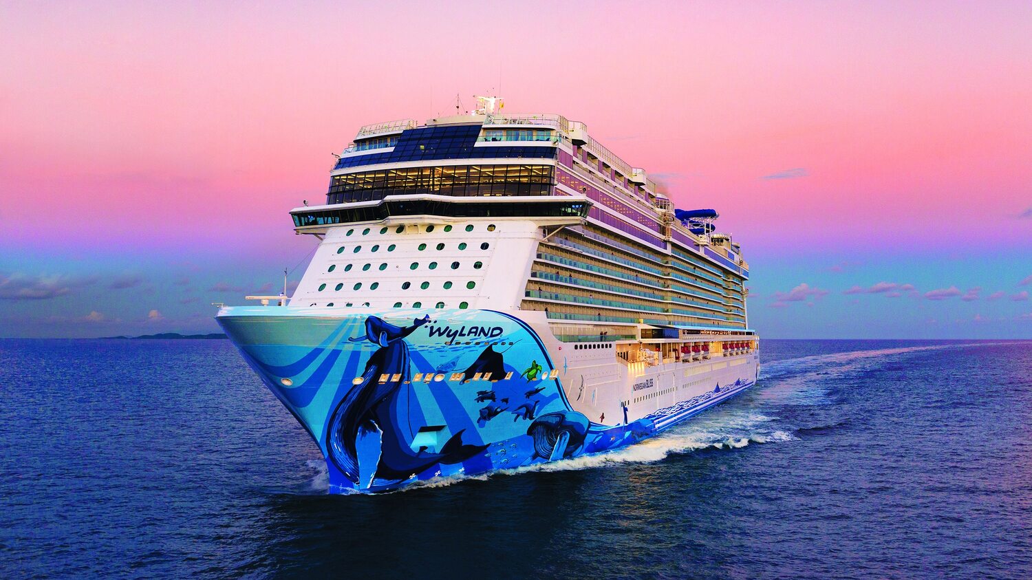 Travel X Large cruise ship with vibrant marine life artwork on its hull, sailing towards sunset under a pink sky. Book your trip with Travel X for an unforgettable vacation against this breathtaking backdrop. Book Your Trip With Travel X