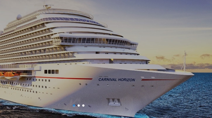 Travel X A large white cruise ship named Carnival Horizon sails on a calm ocean under a sunset sky, inviting you to book your trip and experience an unforgettable vacation. Book Your Trip With Travel X