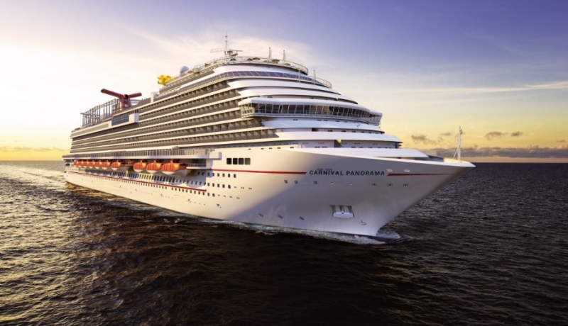 Travel X A large cruise ship named Carnival Panorama serenely sails on the ocean at sunset, offering a perfect scene for Travel X. Book your trip today and experience an unforgettable vacation. Book Your Trip With Travel X