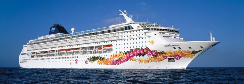 Travel X A large white cruise ship with colorful floral designs on its side sails on a calm sea under a clear blue sky. Book Your Trip now and experience this floating resort with Travel X for an unforgettable journey! Book Your Trip With Travel X