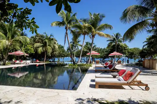 Travel X Luxury resort pool area with sun loungers, umbrellas, and palm trees under a clear blue sky. The pool's surface reflects the surrounding tropical greenery and nearby ocean. Book your trip with Travel X for an unforgettable vacation experience in paradise. Book Your Trip With Travel X