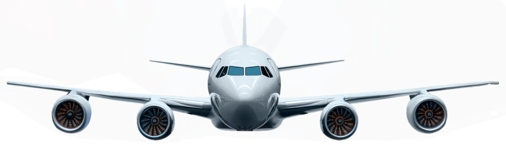 Travel X Front view of a large commercial airplane with four engines, set against a dark, industrial-themed background—perfectly capturing the excitement as you book your trip to an unforgettable vacation. Book Your Trip With Travel X