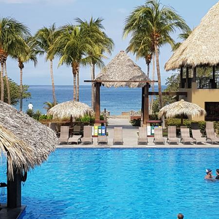 Travel X A resort pool with several lounge chairs and thatched umbrellas, palm trees gently swaying, and a view of the ocean in the background. People are enjoying the pool and seating area. Book your trip now for an unforgettable vacation experience! Book Your Trip With Travel X