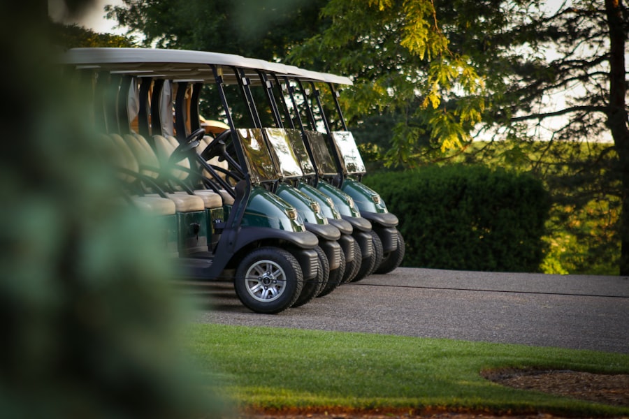 Travel X A row of parked golf carts on a paved pathway, surrounded by greenery and trees, invites you to explore the serene beauty of the resort. Book your trip for an unforgettable vacation experience amid nature's tranquility. Book Your Trip With Travel X