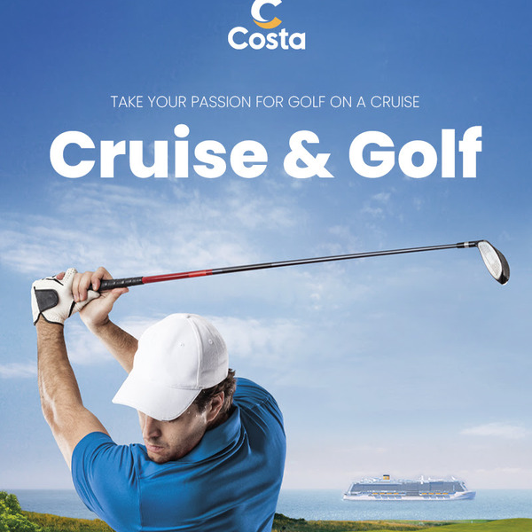 Travel X Person in a blue shirt and white cap swinging a golf club with a cruise ship in the background. Text reads "Take your passion for golf on a vacation. Cruise & Golf. Book Your Trip today! Book Your Trip With Travel X