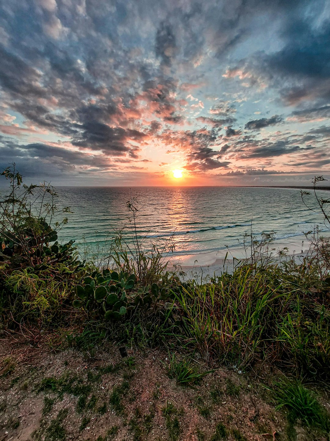 Travel X A sunset over the ocean viewed from a grassy and slightly rocky hillside, with scattered clouds in the sky. It's a perfect moment tempting you to book your trip with Travel X. Book Your Trip With Travel X